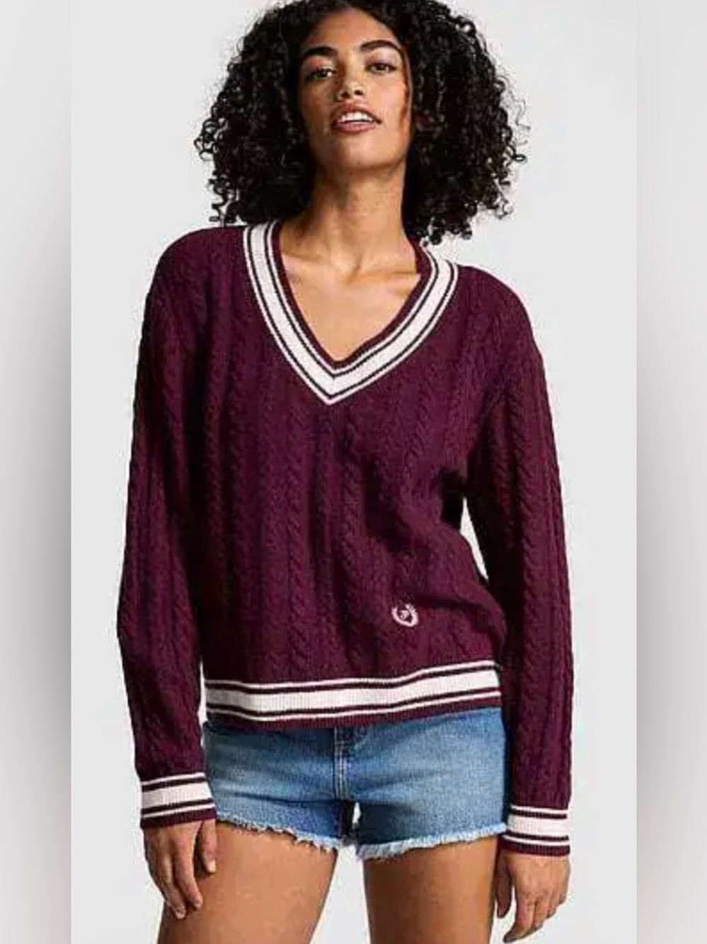 Victoria Secret Pink Maroon V-Neck Cable Knit Sweater with Stripe Trim Size L